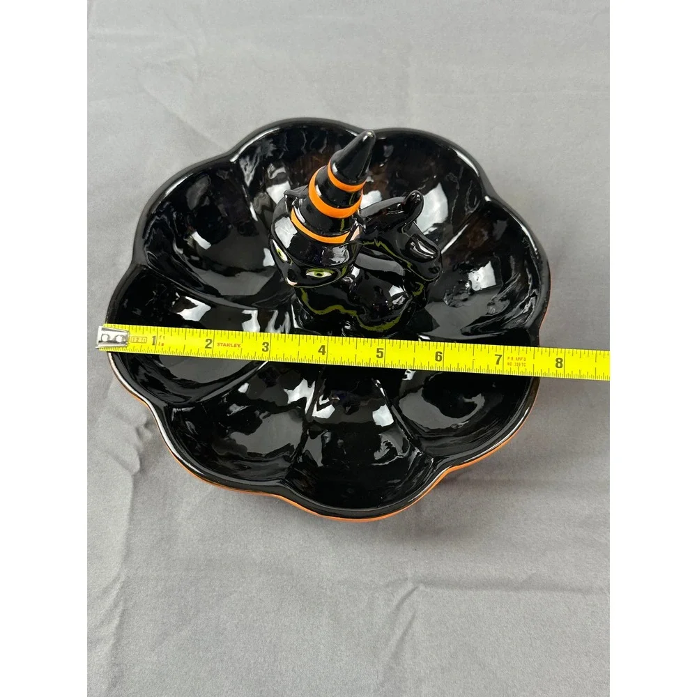 Halloween‎ Black Cat Candy Dish Divided Tray Witch Hat Serving Bowl